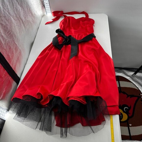 Hearts & Roses Halter Red Dress Black Bow & Tulle Underskirt Size 14 Whimsigoth - Picture 5 of 13